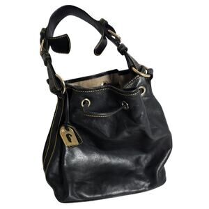 Dooney & Bourke Vintage Black Leather Bucket Bag Drawstring Shoulder Purse Y2K